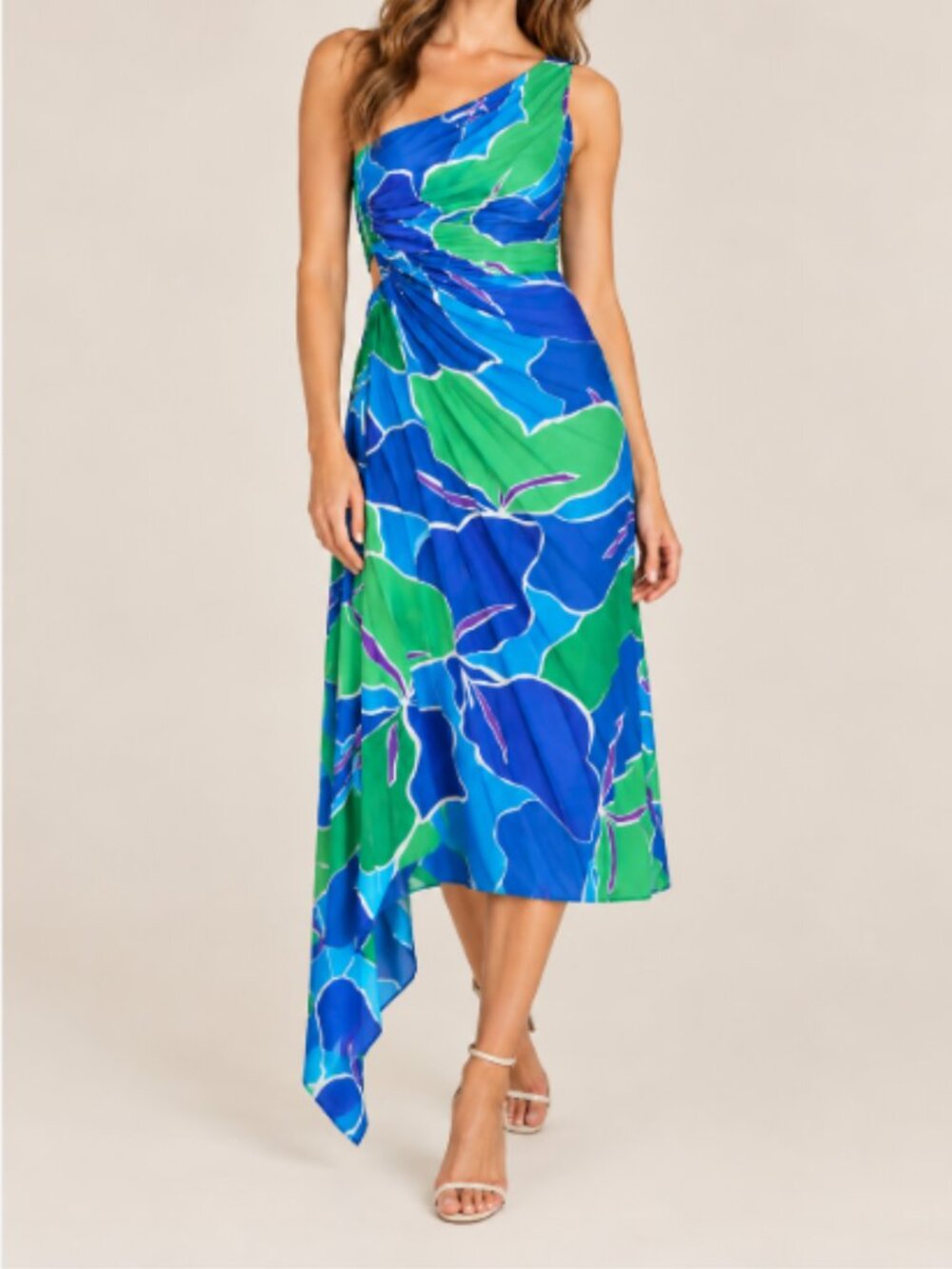 She + Sky Maria Floral Blue Green One Shoulder Cutout Midi Dress